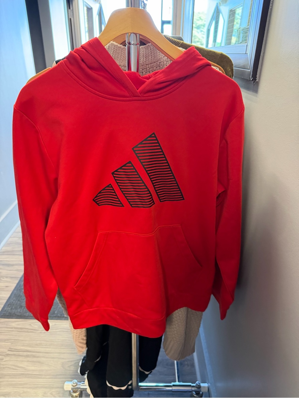 adidas Red Hoodie with Black Striped Logo
